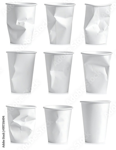 Wallpaper Mural Nine white paper cups, some crumpled and damaged, arranged in a three-by-three grid against a clean white backdrop Torontodigital.ca