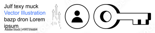 Security, access management, personal identity, growth, progress, data encryption. Black key, person profile icon and upward arrows. Security and access management concept