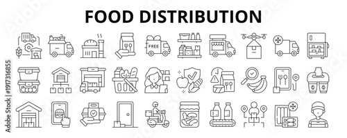 30 Food Distribution Line Icons Vector - Supply Chain, Food Truck, Food Logistics, Drone Delivery, Grocery, Supplier, Courier