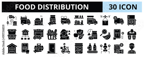 30 Food Distribution Glyph Icons Vector - Supply Chain, Food Truck, Food Logistics, Drone Delivery, Grocery, Supplier, Courier