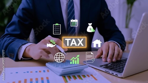 E-tax, Businessman show TAX for Individual income tax return form online for tax payment concept. Government, state taxes. Data analysis, paperwork, financial research, report. Calculation tax return.