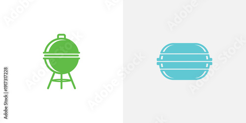 Green barbecue grill and blue barbecue grill cooking