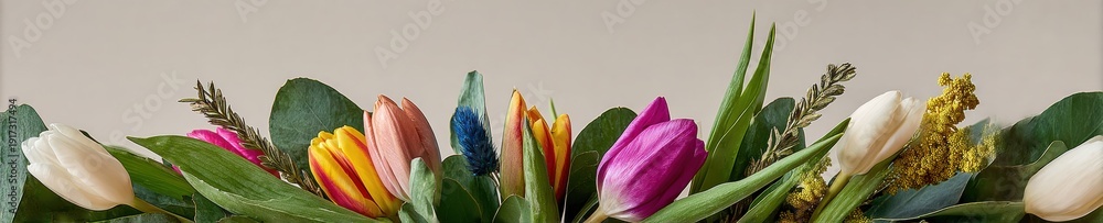 Obraz premium Colorful Tulips and Mimosa Flowers bouquet arranged on bottom edge with copy space for seasonal spring advertising, nature themed botanical banner background