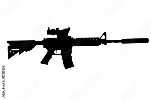 Minimal black and white tactical emblem with assault rifles, pentagram circle symbol, crossed jungle knives, logo style vector