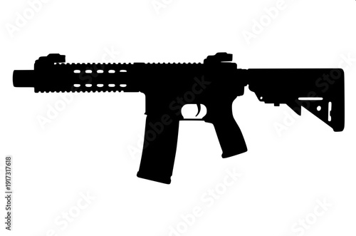 Minimal black and white tactical emblem with assault rifles, pentagram circle symbol, crossed jungle knives, logo style vector