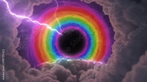 Abstract Tunnel of Clouds with Rainbow and Lightning Strikes
