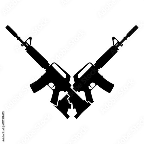 Minimal black and white tactical emblem with assault rifles, pentagram circle symbol, crossed jungle knives, logo style vector