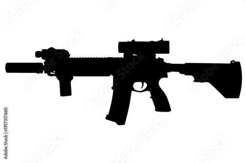 Minimal black and white tactical emblem with assault rifles, pentagram circle symbol, crossed jungle knives, logo style vector