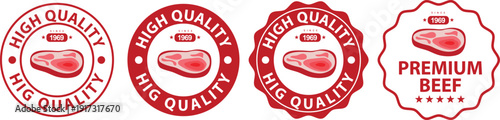 High quality beef meat icon set. High quality beef meat circle logo, badge, sticker, symbol, emblem, stamp, line, vector, isolated illustration. Fresh Beef meat label for product packaging design.