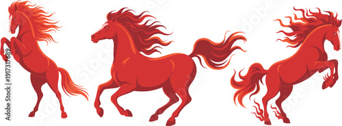 Red horse vector illustration set, running rearing stallion, powerful equine animal character, isolated wild horse clipart collection bundle design