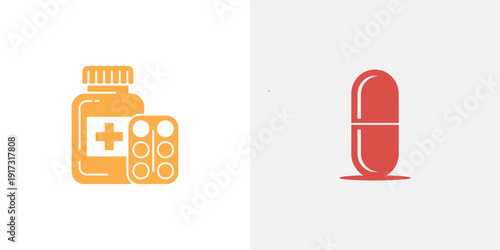 Orange medicine bottle and red capsule pills