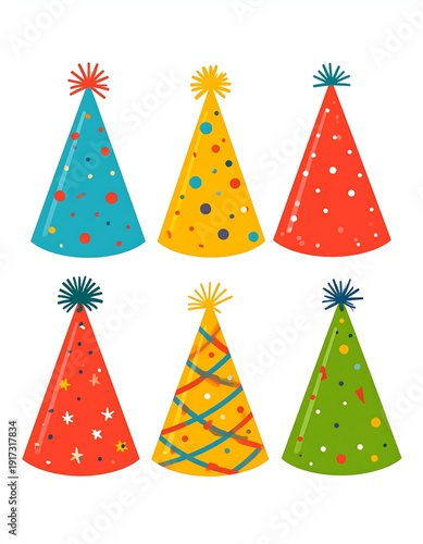 Wallpaper Mural Six colorful party hats in various colors with whimsical patterns of dots and stars, set on a white background Torontodigital.ca