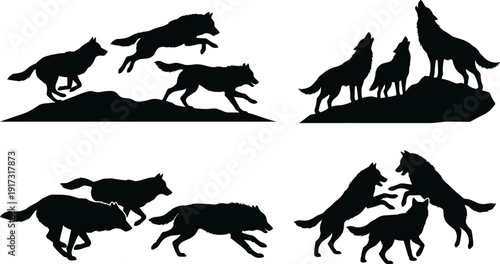 Wolf silhouette collection, running jumping howling fighting isolated on white background, wild animal pack, nature wildlife illustration set bundle
