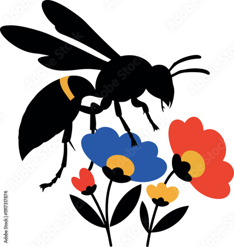 Black Bee Pollinating Colorful Flowers Illustration