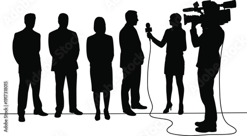 Business interview silhouettes with reporter and cameraman, media press conference corporate team isolated on white background vector illustration