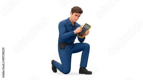 vector illustration of a professional technician kneeling while testing electrical equipment with a multimeter, isolated on a clean background