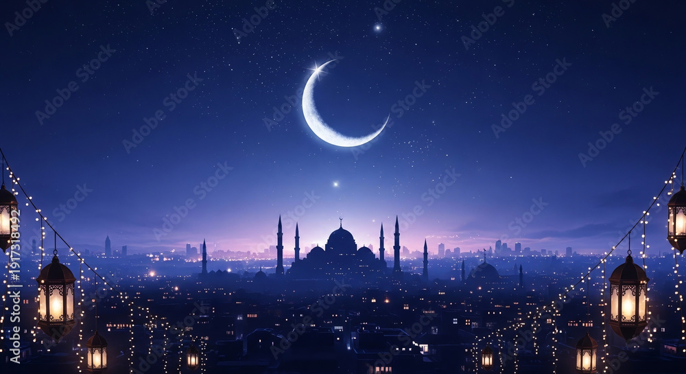 Naklejka premium Magical Ramadan night background with glowing crescent moon, stars and mosque silhouette in blue sky.