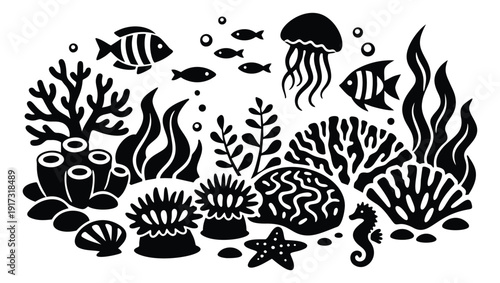 Silhouette sea life elements set featuring marine animals and coral reef elements for aquatic design