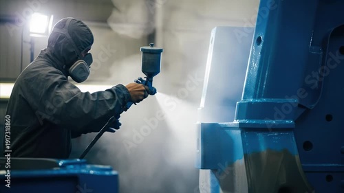 Industrial painter in protective suit spraying blue paint on large metal structure