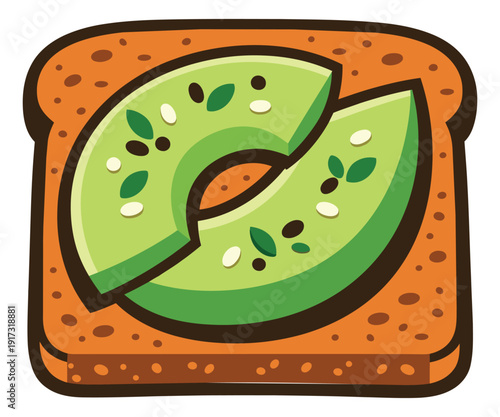 Modern cartoon illustration of avocado toast depicting a healthy breakfast for a menu