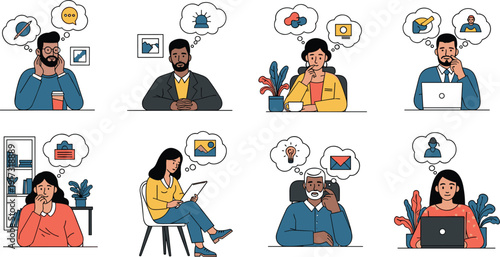 Professional vector illustration set of diverse office workers with thought bubbles featuring digital icons for email, images, ideas, and professional networking