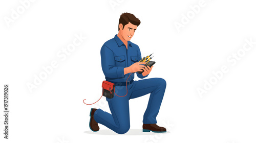 vector illustration of a professional technician kneeling while testing electrical equipment with a multimeter, isolated on a clean background