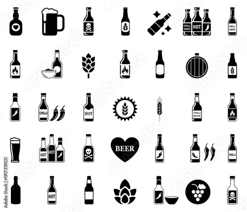 Beer bottle and hot sauce icon collection. set of bottles and hot sauce icons