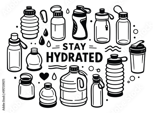 Hand drawn line art water bottle set featuring various hydration containers and 'Stay Hydrated' text for health and wellness promotion