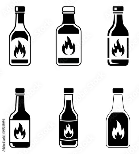 Hot sauce bottle icon set, spicy chili sauce vector illustrations. set of bottles of wine