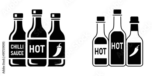 Hot chilli sauce bottle vector icons set, spicy condiment graphics