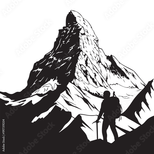 Mountain Climber Silhouette Adventure Exploring Nature Peak Summit Hiking Backpack Trekking Alpinist Journey Landscape View Vector Illustration