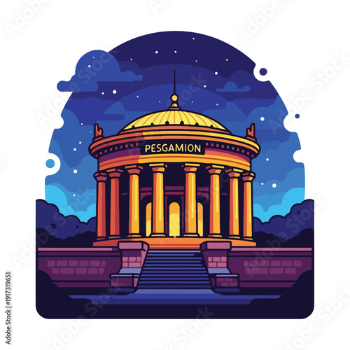A colorful illustration of a domed building