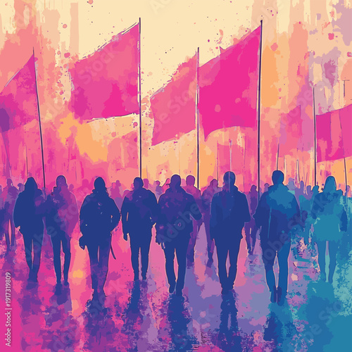 Illustration of people marching during social movement protesting outdoors