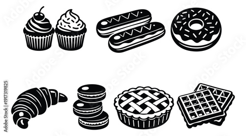 Dessert icon set featuring cupcakes, eclairs, and donuts for bakeries and sweet shops