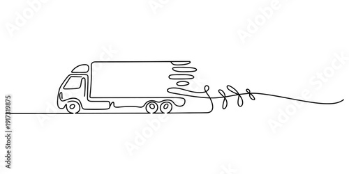 A single line drawing of a moving truck with a green leaf element, symbolizing eco-friendly delivery service Vector, illustration