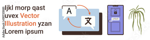 Language translation, digital communication, user interface design, unlocking technology, modern tools, education. A laptop with translation icons, a door lock interface and a potted plant. Language