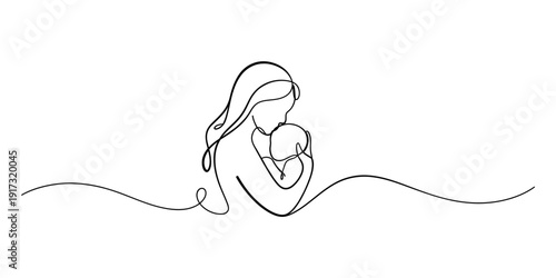 Continuous line art illustration of a mother tenderly embracing her newborn baby Vector, illustration
