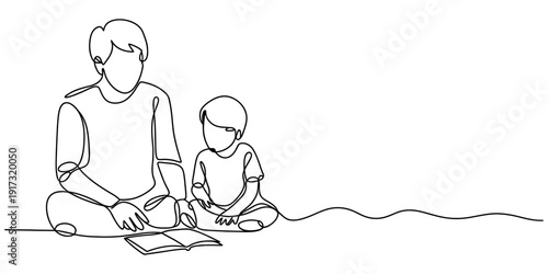 Father and son reading a book together in a minimalist one line drawing style Vector, illustration
