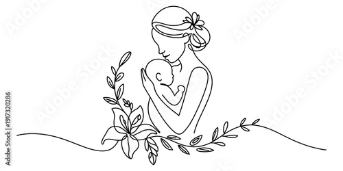 A beautiful minimalist line art drawing of a mother tenderly holding her newborn baby, symbolizing love and care. Vector, illustration