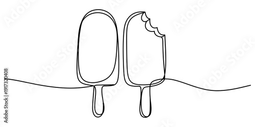Continuous line drawing of two popsicles with one having a bite taken out of it Vector, illustration