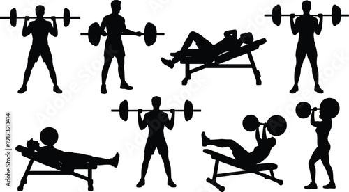 Gym workout silhouettes with barbell exercises, strength training bodybuilding fitness equipment isolated on white background vector illustration set