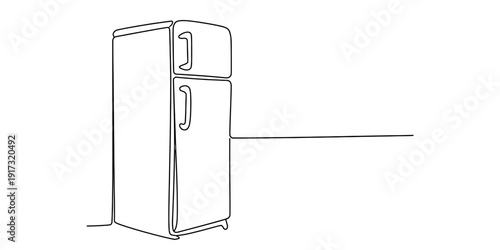 Simple line drawing of a classic two-door refrigerator with a top freezer section Vector, illustration