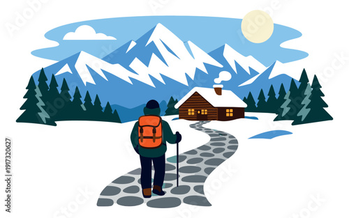 Modern flat design illustration of a person with a backpack and walking stick depicting hiking towards a snow-covered log cabin in a winter mountain landscape