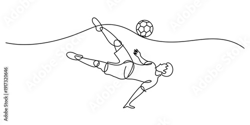 Minimalist one line art of a professional football player doing an acrobatic overhead kick. Vector, illustration