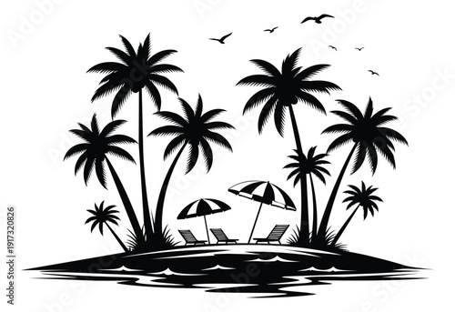 Silhouette island vacation scene set featuring palm trees, beach umbrellas, sun loungers, and flying birds for summer holidays and travel designs