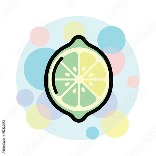 A colorful illustration of a lime slice on a polka dot background