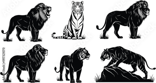 Black male silhouette set featuring superhero poses, strong man standing, muscular bodybuilder profile, and professional man in cape isolated vector illustration on white background