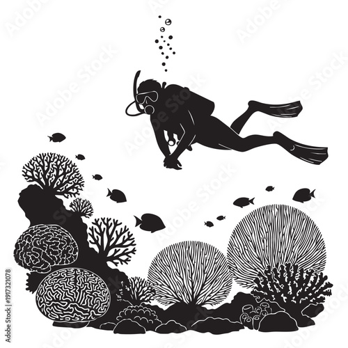 Scuba Diver Explores Vibrant Underwater Coral Reef with Tropical Fish Artistic Silhouette Depicting Marine Life Adventure