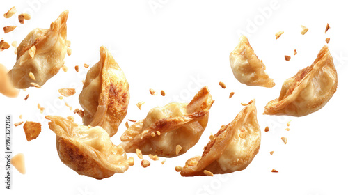 A plate of dumplings flying through the air on transparent background