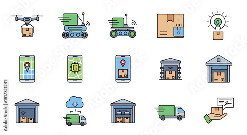 Modern Logistics and Delivery Service Icons Set.